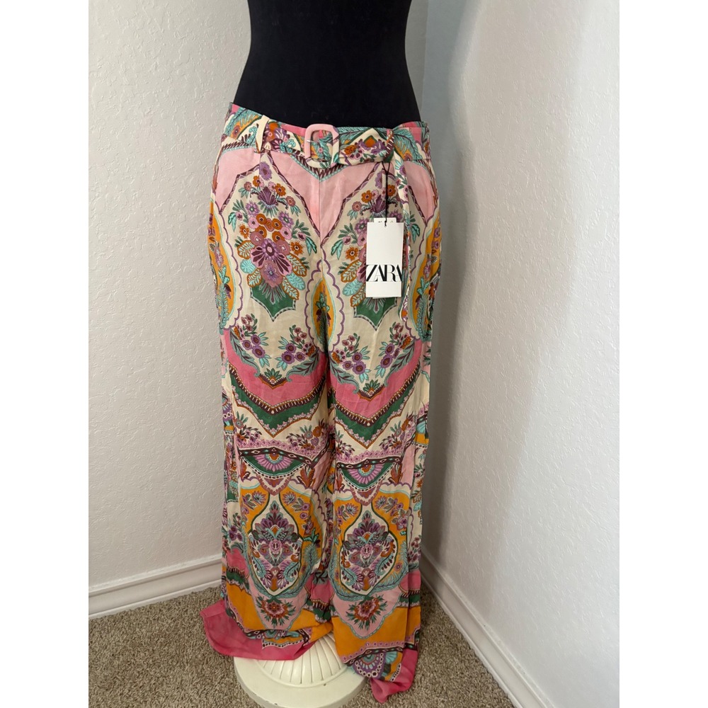 Zara Women XL Pink Paisley Floral Wide Leg Belted Trousers 3430/742/620 NWT